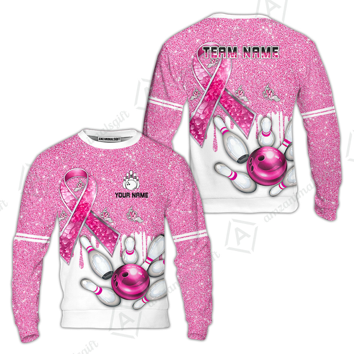 Custom Pink Ribbon Glitter Bowling Team Polo Shirts, Custom Bowling Team Uniforms Jerseys, Personalized Name And Team Name