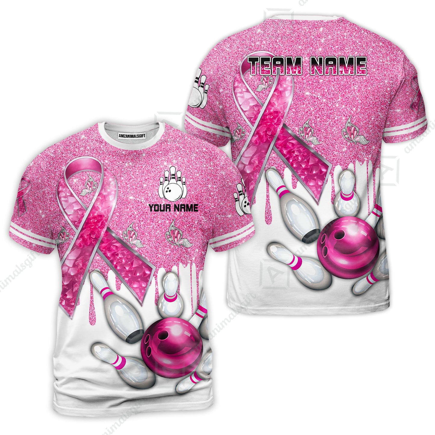 Custom Pink Ribbon Glitter Bowling Team Polo Shirts, Custom Bowling Team Uniforms Jerseys, Personalized Name And Team Name