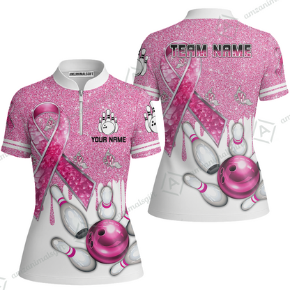 Custom Pink Ribbon Glitter Bowling Team Polo Shirts, Custom Bowling Team Uniforms Jerseys, Personalized Name And Team Name