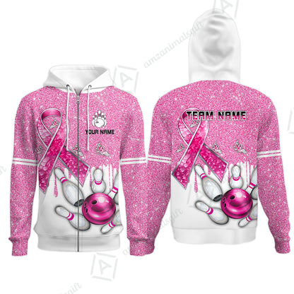 Custom Pink Ribbon Glitter Bowling Team Polo Shirts, Custom Bowling Team Uniforms Jerseys, Personalized Name And Team Name