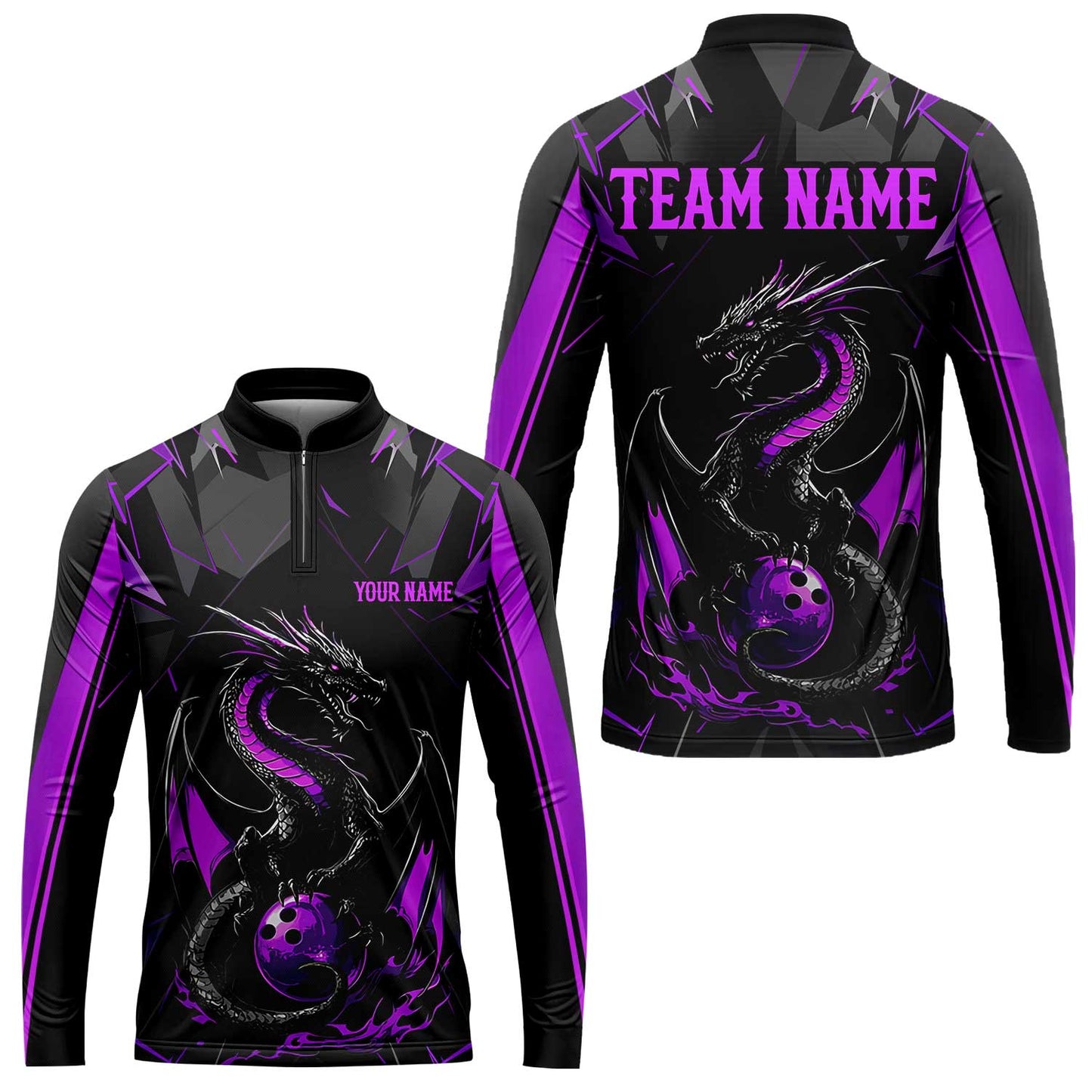 Custom Black Purple Dragon Bowling Team Jersey Polo Shirts, Dragon Bowling Team Uniforms Jerseys, Polo Shirt With Name And Team Name