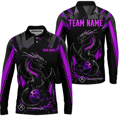 Custom Black Purple Dragon Bowling Team Jersey Polo Shirts, Dragon Bowling Team Uniforms Jerseys, Polo Shirt With Name And Team Name