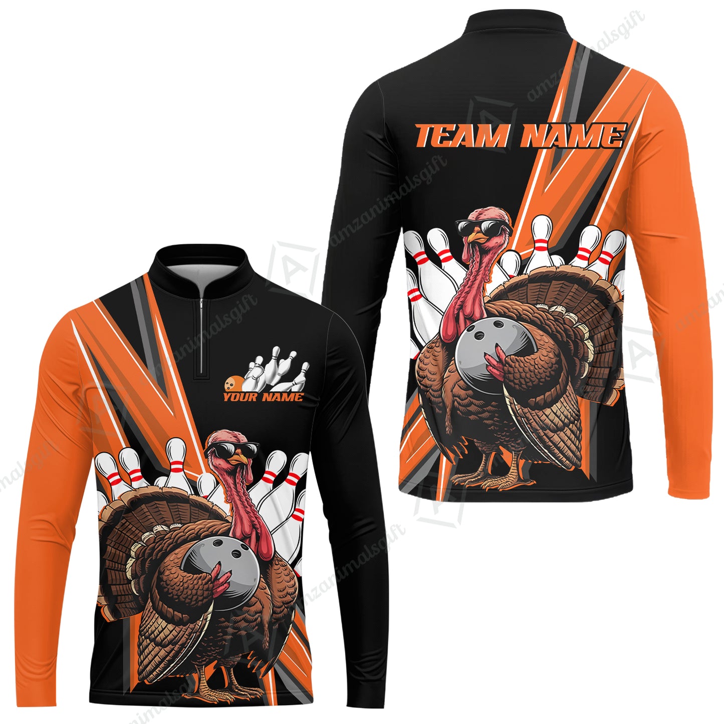 Personalized Bowling Black And Red Awesome Turkey Long Sleeve Jersey Shirt , Thanksgiving Bowling Uniforms With Name, Team Name