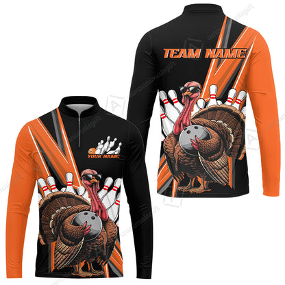 Personalized Bowling Black And Red Awesome Turkey Long Sleeve Jersey Shirt , Thanksgiving Bowling Uniforms With Name, Team Name