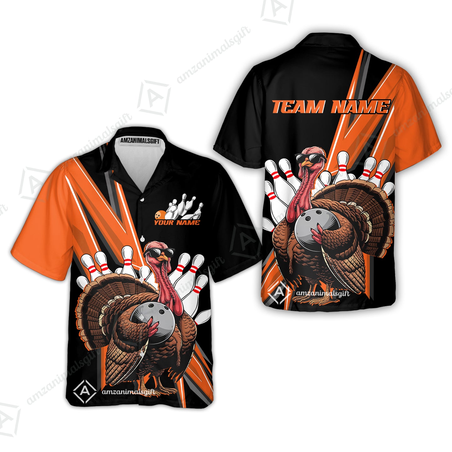 Personalized Black And Red Awesome Turkey Bowling  Hawaiian Shirt, Thanksgiving Bowling Team Uniforms With Name, Team Name
