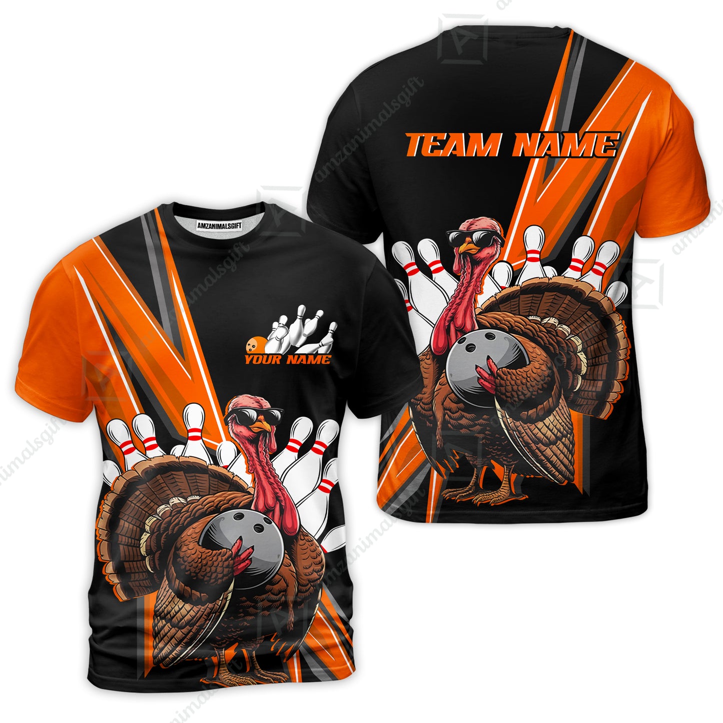 Personalized Bowling Black And Red Awesome Turkey T-Shirt, Thanksgiving Bowling Uniforms With Name, Team Name