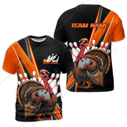 Personalized Bowling Black And Red Awesome Turkey T-Shirt, Thanksgiving Bowling Uniforms With Name, Team Name