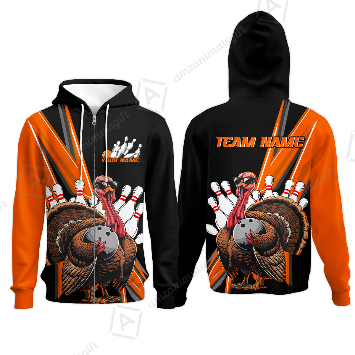Personalized Black And Red Awesome Turkey Bowling Zip Hoodie, Thanksgiving Bowling Team Uniforms With Name, Team Name