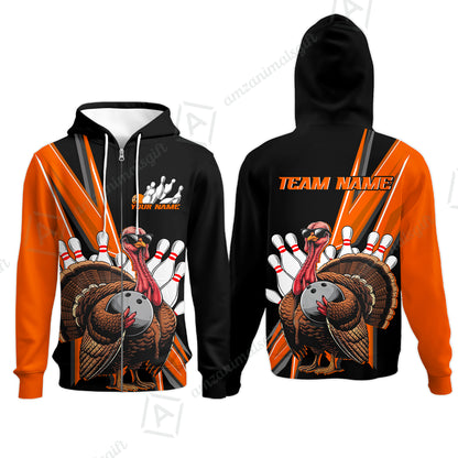 Personalized Black And Red Awesome Turkey Bowling Zip Hoodie, Thanksgiving Bowling Team Uniforms With Name, Team Name