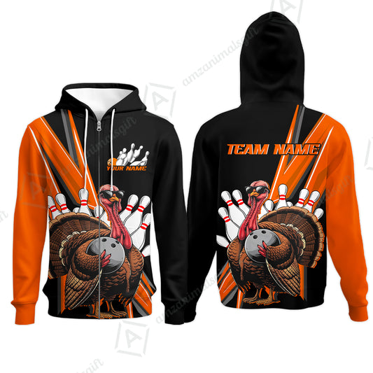 Personalized Black And Red Awesome Turkey Bowling Zip Hoodie, Thanksgiving Bowling Team Uniforms With Name, Team Name