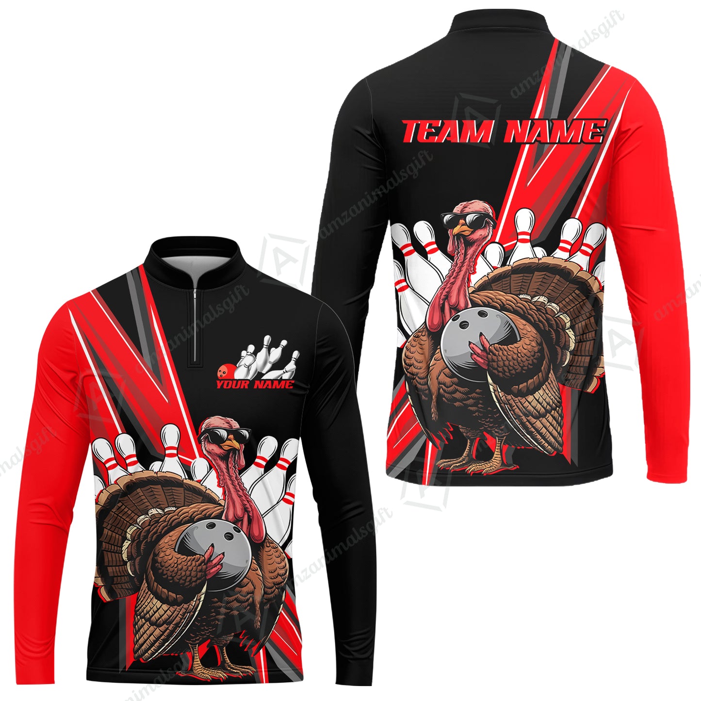 Personalized Bowling Black And Red Awesome Turkey Long Sleeve Jersey Shirt , Thanksgiving Bowling Uniforms With Name, Team Name