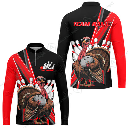 Personalized Bowling Black And Red Awesome Turkey Long Sleeve Jersey Shirt , Thanksgiving Bowling Uniforms With Name, Team Name