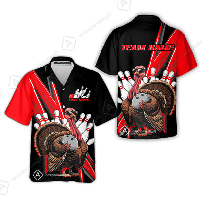 Personalized Black And Red Awesome Turkey Bowling  Hawaiian Shirt, Thanksgiving Bowling Team Uniforms With Name, Team Name