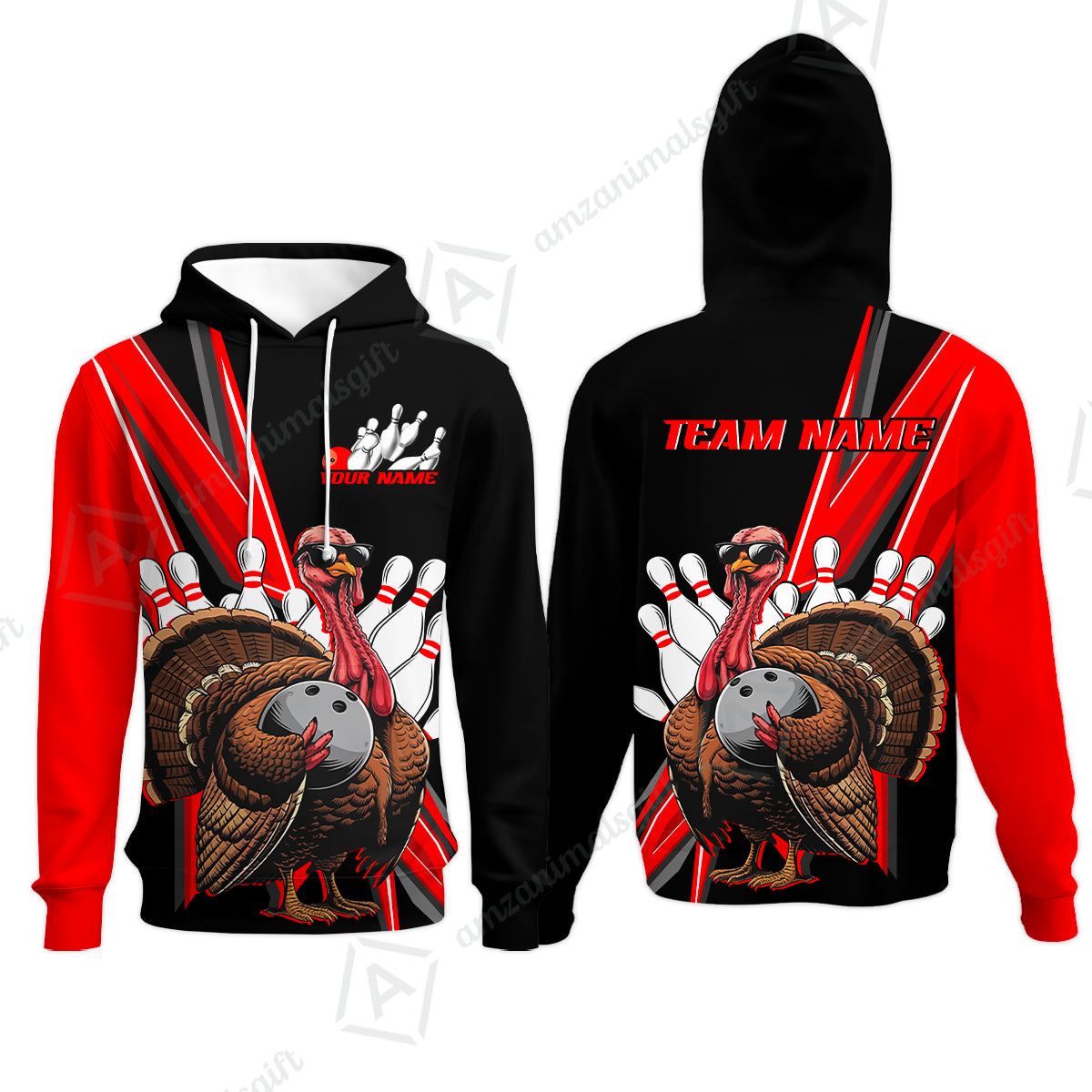 Personalized Black And Red Awesome Turkey Bowling Hoodie, Thanksgiving Bowling Team Uniforms With Name, Team Name