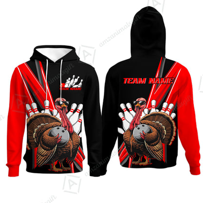 Personalized Black And Red Awesome Turkey Bowling Hoodie, Thanksgiving Bowling Team Uniforms With Name, Team Name