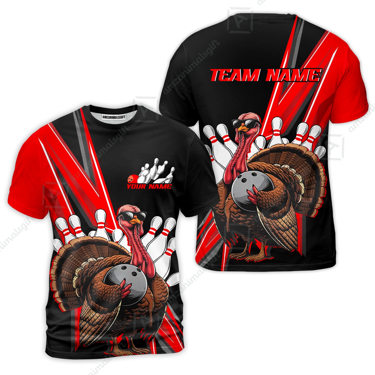 Personalized Bowling Black And Red Awesome Turkey T-Shirt, Thanksgiving Bowling Uniforms With Name, Team Name
