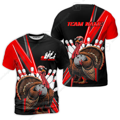 Personalized Bowling Black And Red Awesome Turkey T-Shirt, Thanksgiving Bowling Uniforms With Name, Team Name