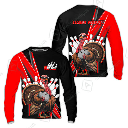 Personalized Black And Red Awesome Turkey Bowling Sweatshirt, Thanksgiving Bowling Team Uniforms With Name, Team Name