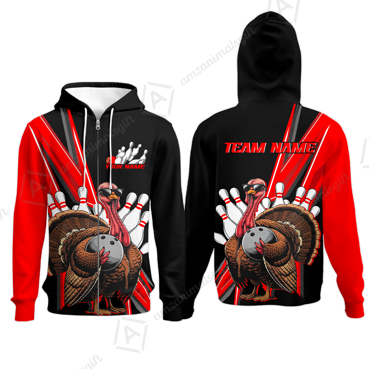 Personalized Black And Red Awesome Turkey Bowling Zip Hoodie, Thanksgiving Bowling Team Uniforms With Name, Team Name