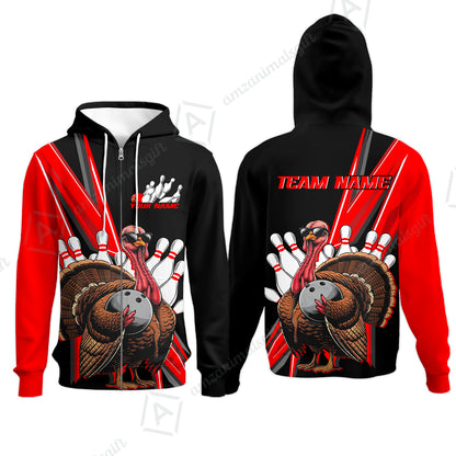 Personalized Black And Red Awesome Turkey Bowling Zip Hoodie, Thanksgiving Bowling Team Uniforms With Name, Team Name
