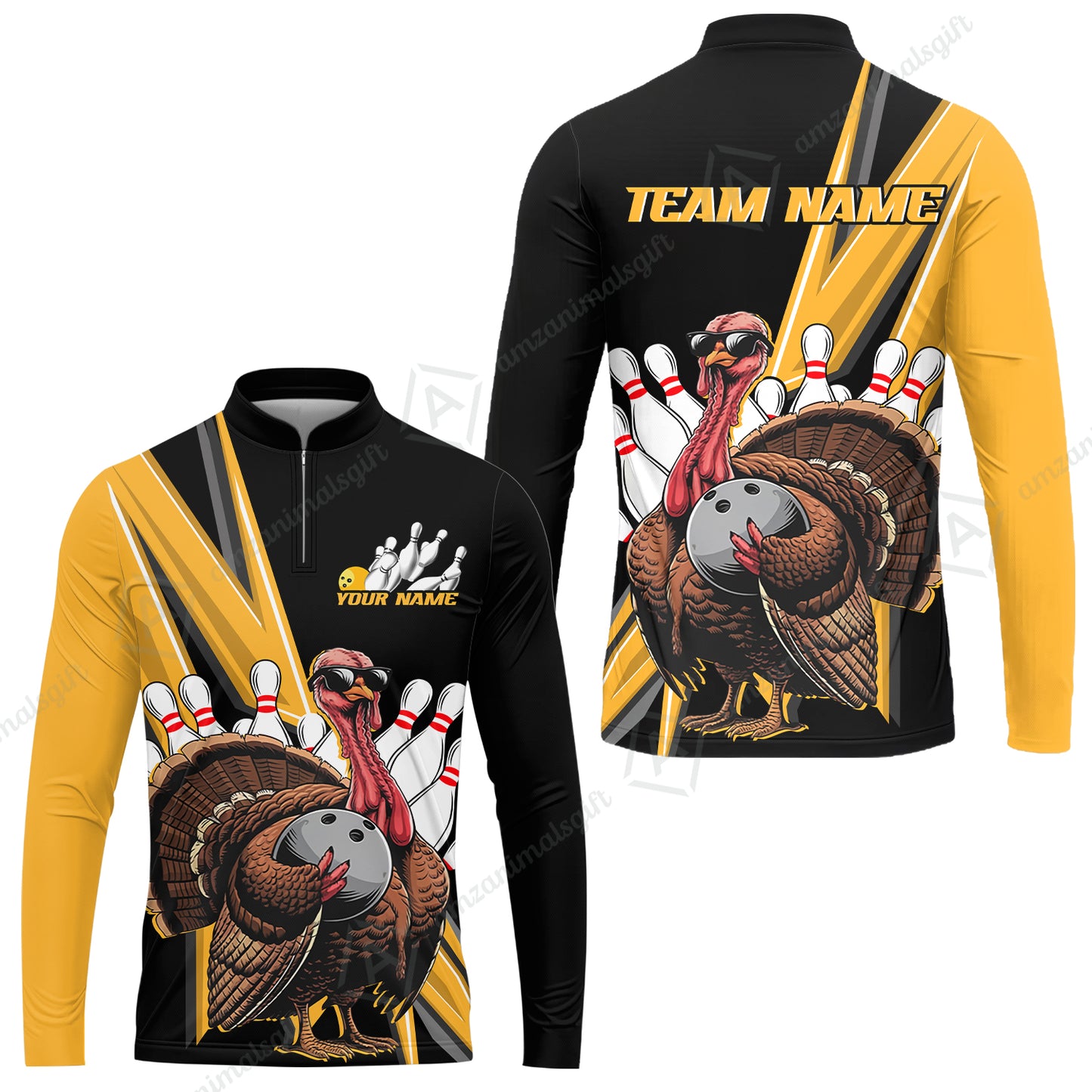 Personalized Bowling Black And Red Awesome Turkey Long Sleeve Jersey Shirt , Thanksgiving Bowling Uniforms With Name, Team Name