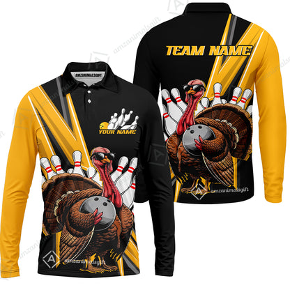 Personalized Bowling Black And Red Awesome Turkey Long Sleeve Polo Shirt , Thanksgiving Bowling Uniforms With Name, Team Name