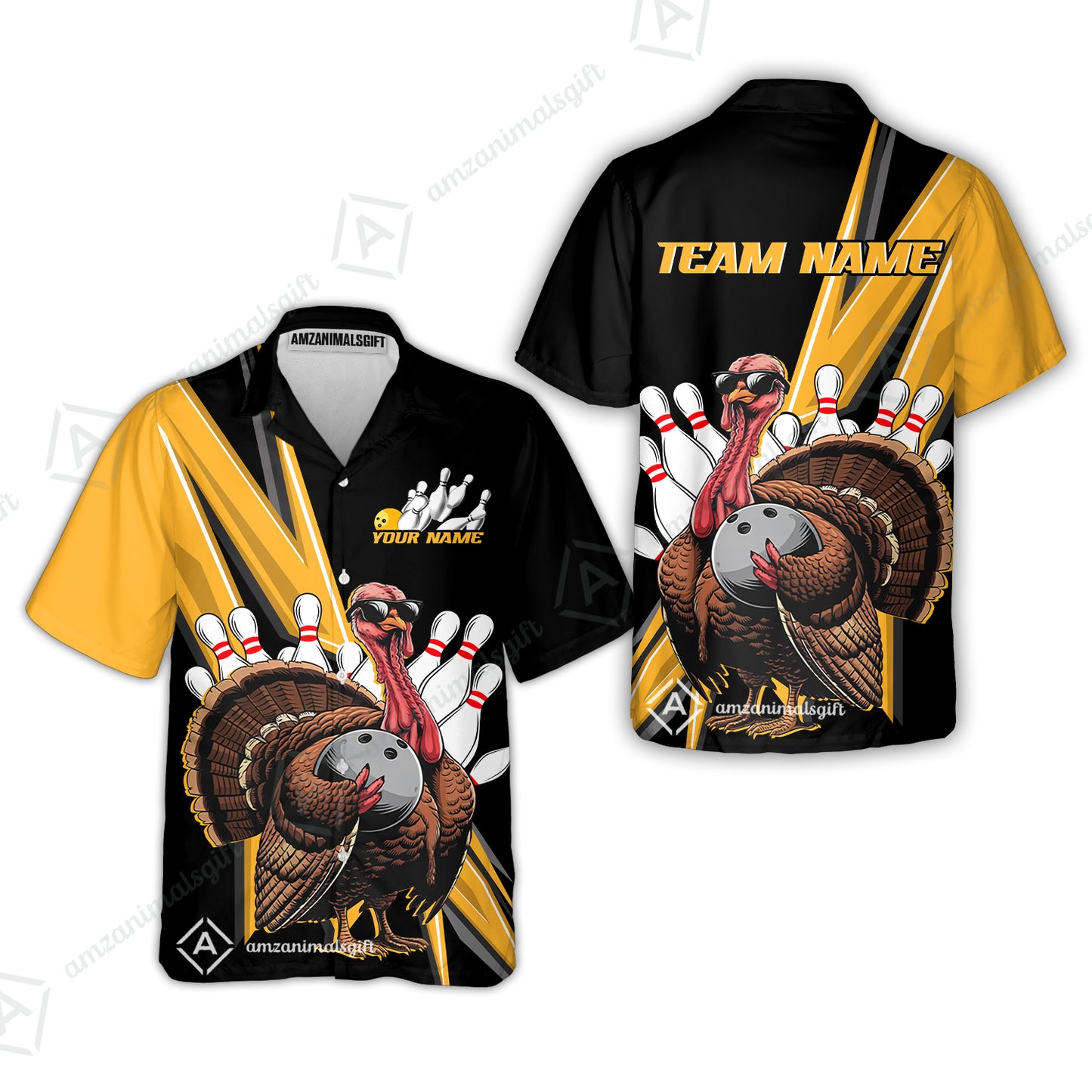 Personalized Black And Red Awesome Turkey Bowling  Hawaiian Shirt, Thanksgiving Bowling Team Uniforms With Name, Team Name