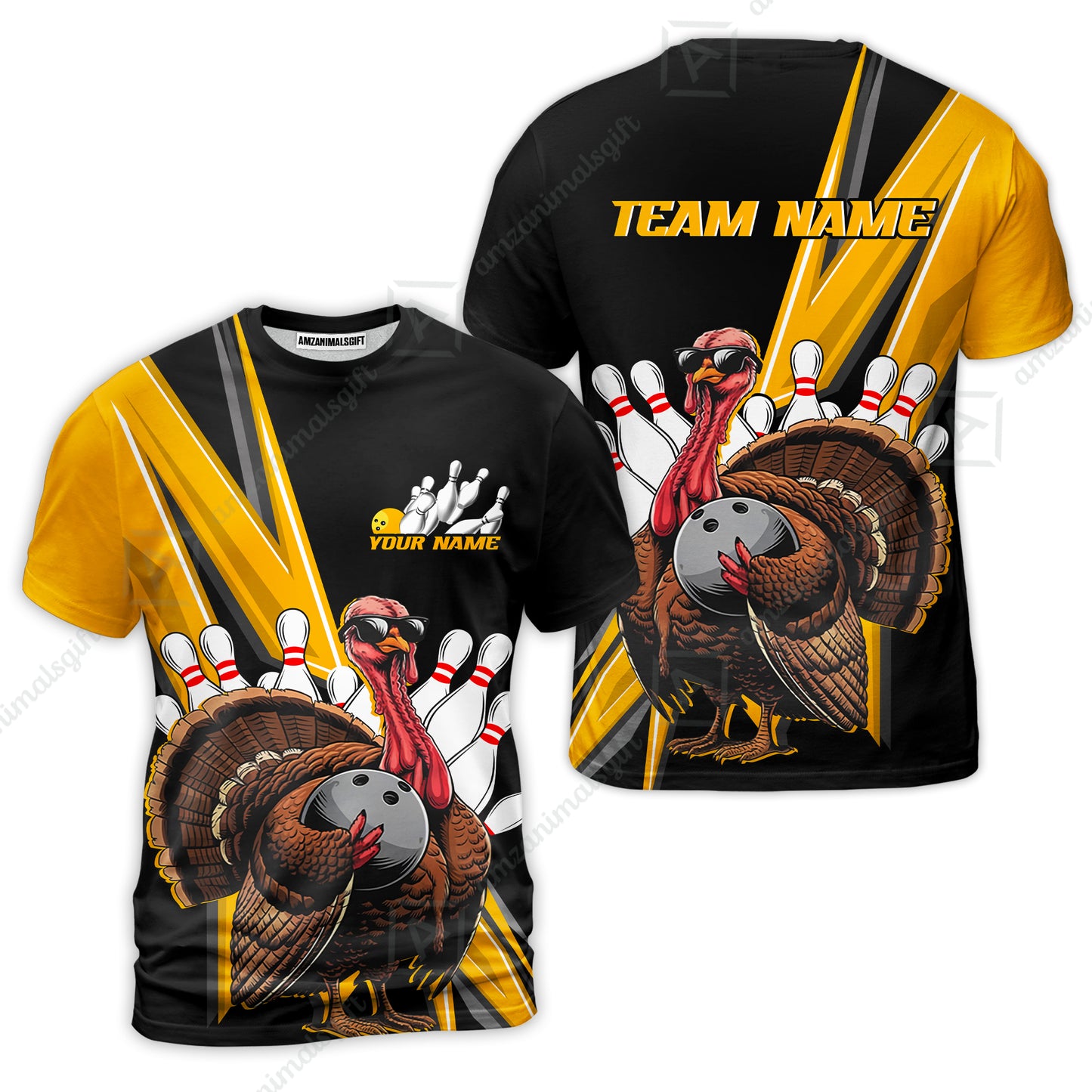Personalized Bowling Black And Red Awesome Turkey T-Shirt, Thanksgiving Bowling Uniforms With Name, Team Name