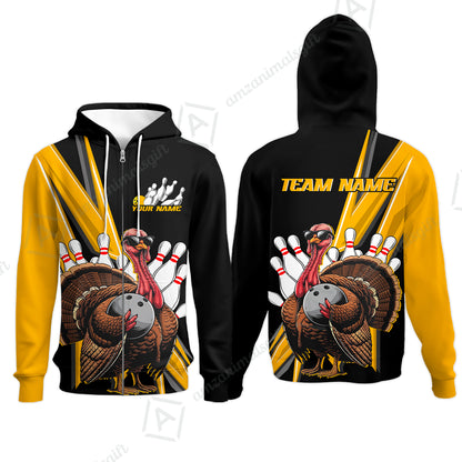 Personalized Black And Red Awesome Turkey Bowling Zip Hoodie, Thanksgiving Bowling Team Uniforms With Name, Team Name