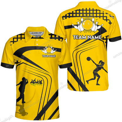 Customized Bowling Team Polo Shirts, Yellow Slash Bowling Uniforms, Bowling Polo With Personalized Name And Team Name