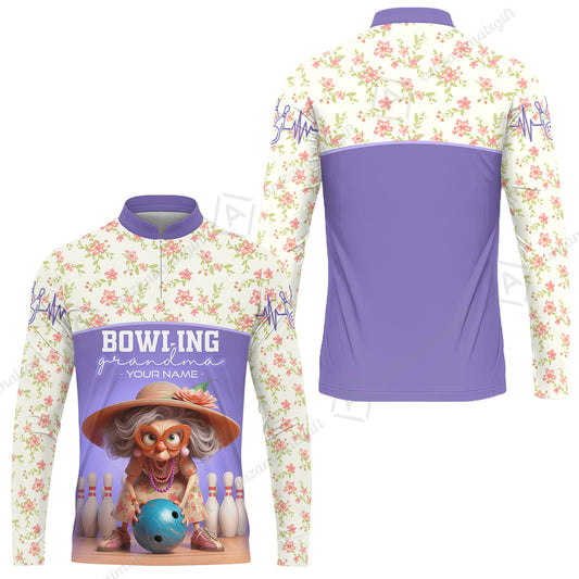 Customized Bowling Grandma Long Sleeve Jersey Shirt, Bowling Grandma Purple Style Personalized Name Shirt For Grandmother