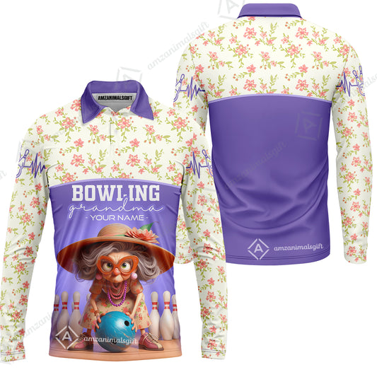 Customized Bowling Grandma Long Sleeve Polo Shirt , Bowling Grandma Purple Style Personalized Name Shirt For Grandmother