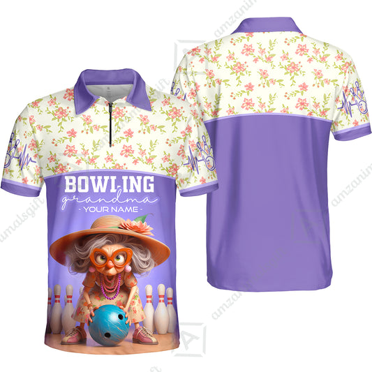Customized Bowling Grandma Quarter-Zip Polo Shirt, Bowling Grandma Purple Style Personalized Name Shirt For Grandmother