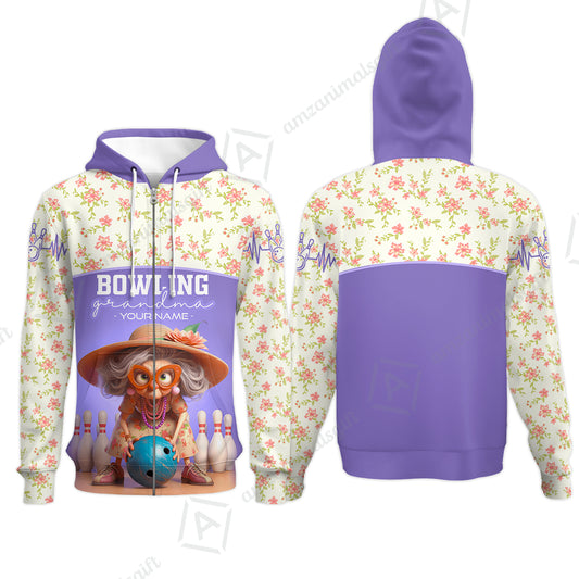 Customized Bowling Grandma Zip Hoodie, Bowling Grandma Purple Style Personalized Name Polo Shirt For Grandmother