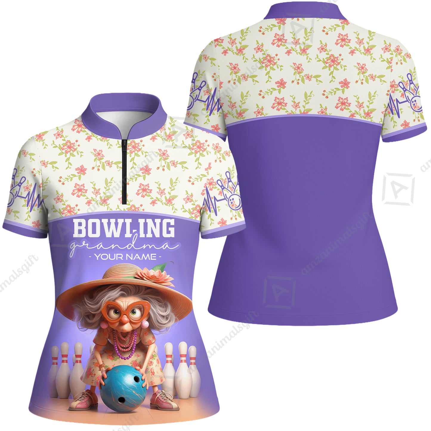 Customized Bowling Grandma Women Jersey Shirt, Bowling Grandma Purple Style Personalized Name Polo Shirt For Grandmother