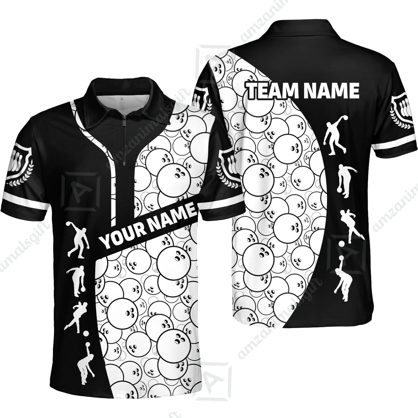 Custom Bowling Team Jerseys Polo Shirts, Bowling Pattern uniforms Ball & Pins Personalized Bowling Name And Team Name
