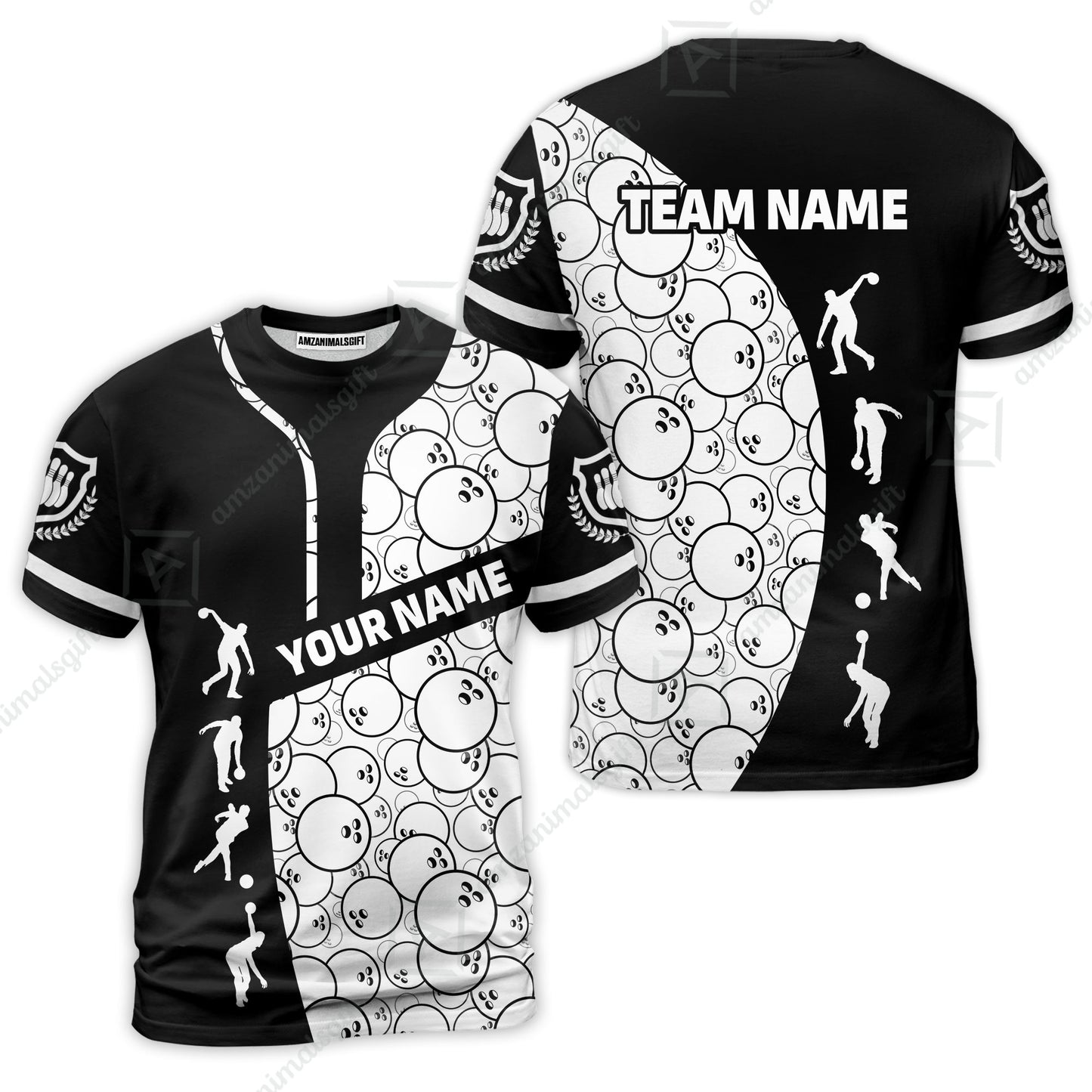 Custom Bowling Team Jerseys Polo Shirts, Bowling Pattern uniforms Ball & Pins Personalized Bowling Name And Team Name