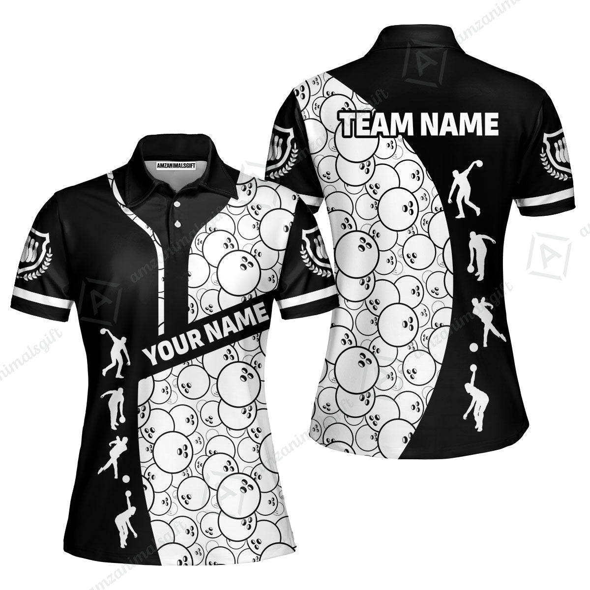Custom Bowling Team Jerseys Polo Shirts, Bowling Pattern uniforms Ball & Pins Personalized Bowling Name And Team Name