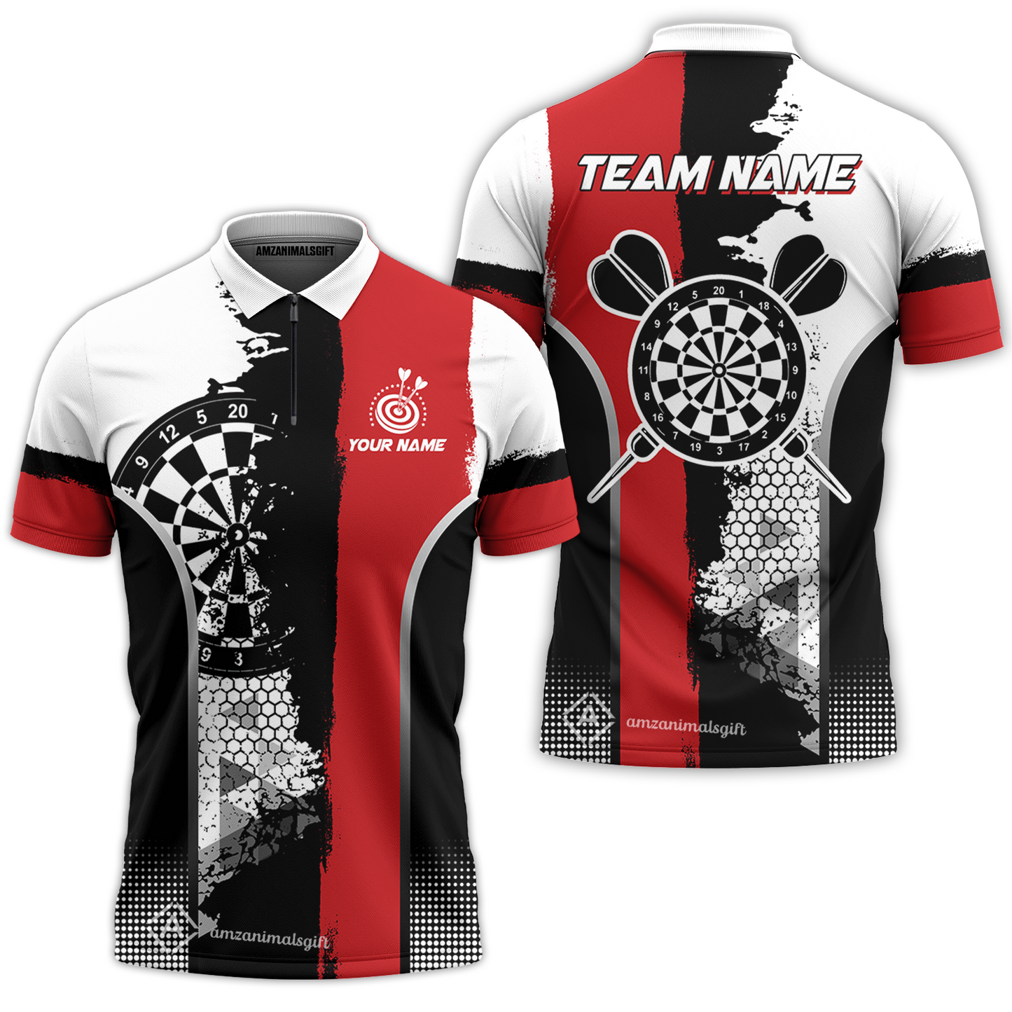 Custom Grunge Style Darts Team Jersey Polo Quarter-Zip Shirts, Custom Darts Team Jerseys Uniform, Personalized Name And Team Name