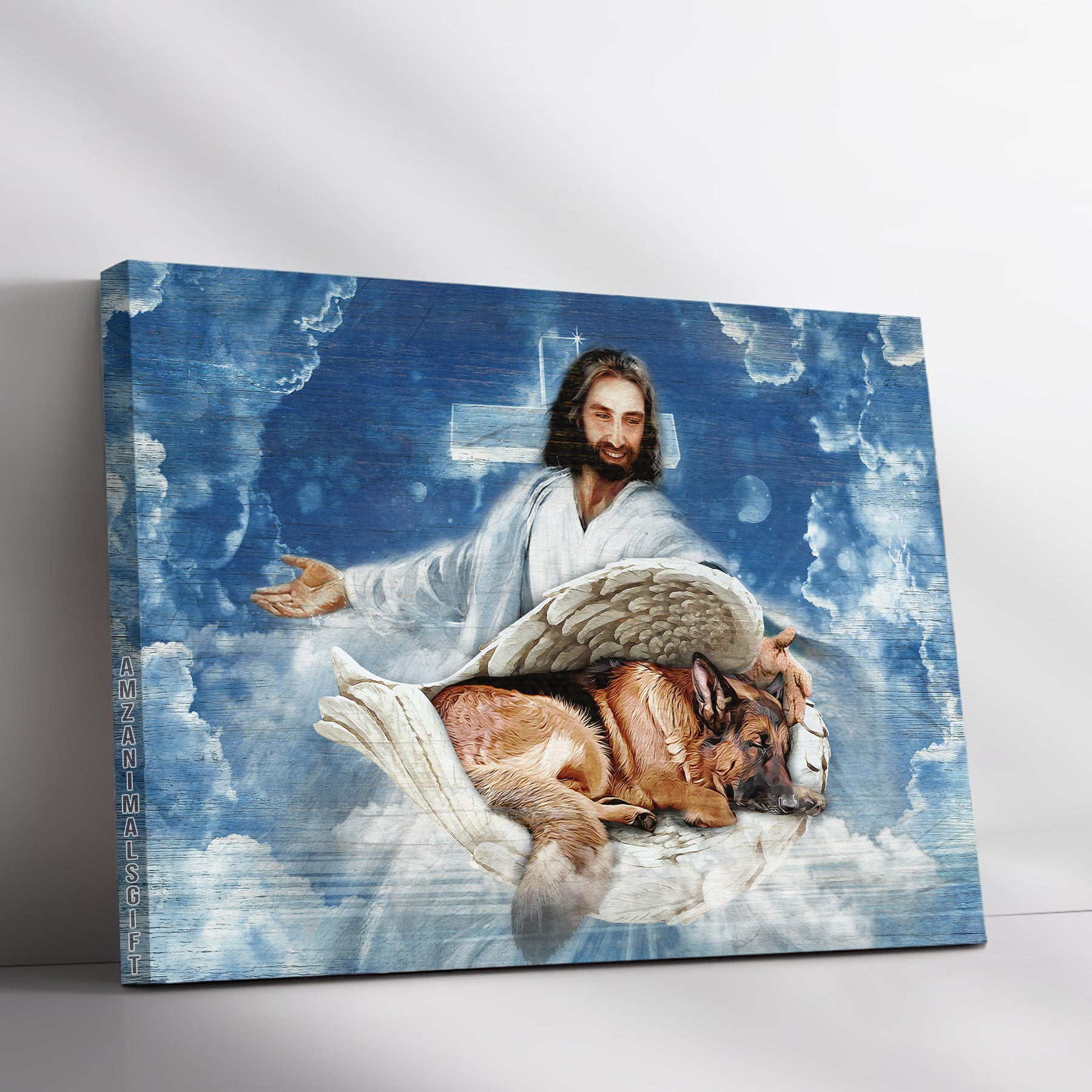 German Shepherd & Jesus Premium Wrapped Landscape Canvas - Sleeping German Shepherd, Angel Wings, Walking With Jesus - Gift For Christian, Dog Lovers