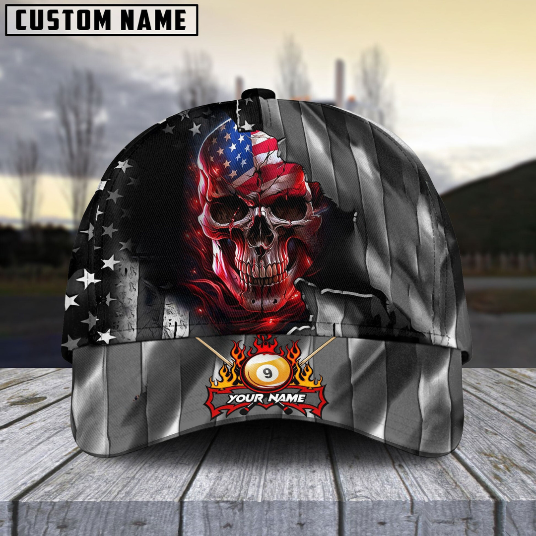Customized Billiard Cap, Billiard Pool Ball 9 American Skull Metal Art  Personalized Name 3D Hats, Best Billiard Pool Hat For Billiard Players