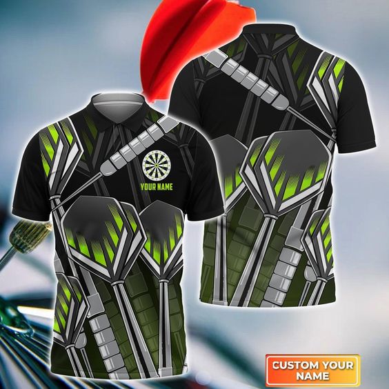 Darts Custom Name Men Polo Shirt, Green Black Darts Personalized Men Polo Shirt Gift For Darts Lovers, Friend, Team, Darts Player