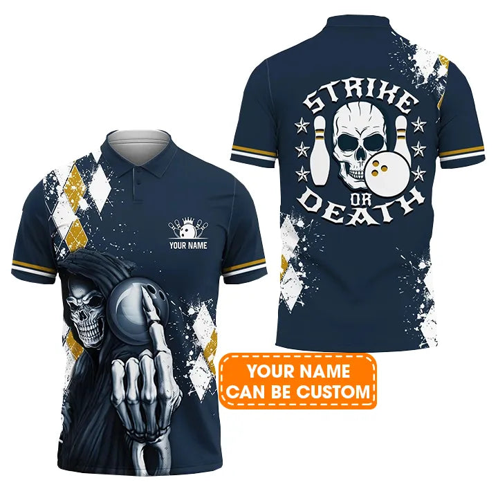 Bowling Men Polo Shirt Custom Name - Blue Bowling Strike Or Death Personalized Bowling Polo Shirt - Gift For Friend, Family, Bowling Lovers