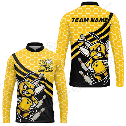 Custom Bowling Team Jersey, Bowling Yellow Bee Hive Strike Polo Quarter-Zip Shirts, Bowling Uniforms Jerseys, Personalized Name And Team Name