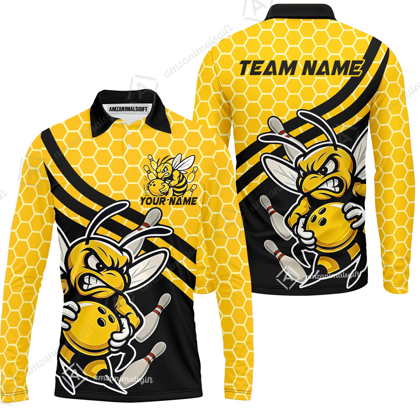 Custom Bowling Team Jersey, Bowling Yellow Bee Hive Strike Polo Quarter-Zip Shirts, Bowling Uniforms Jerseys, Personalized Name And Team Name