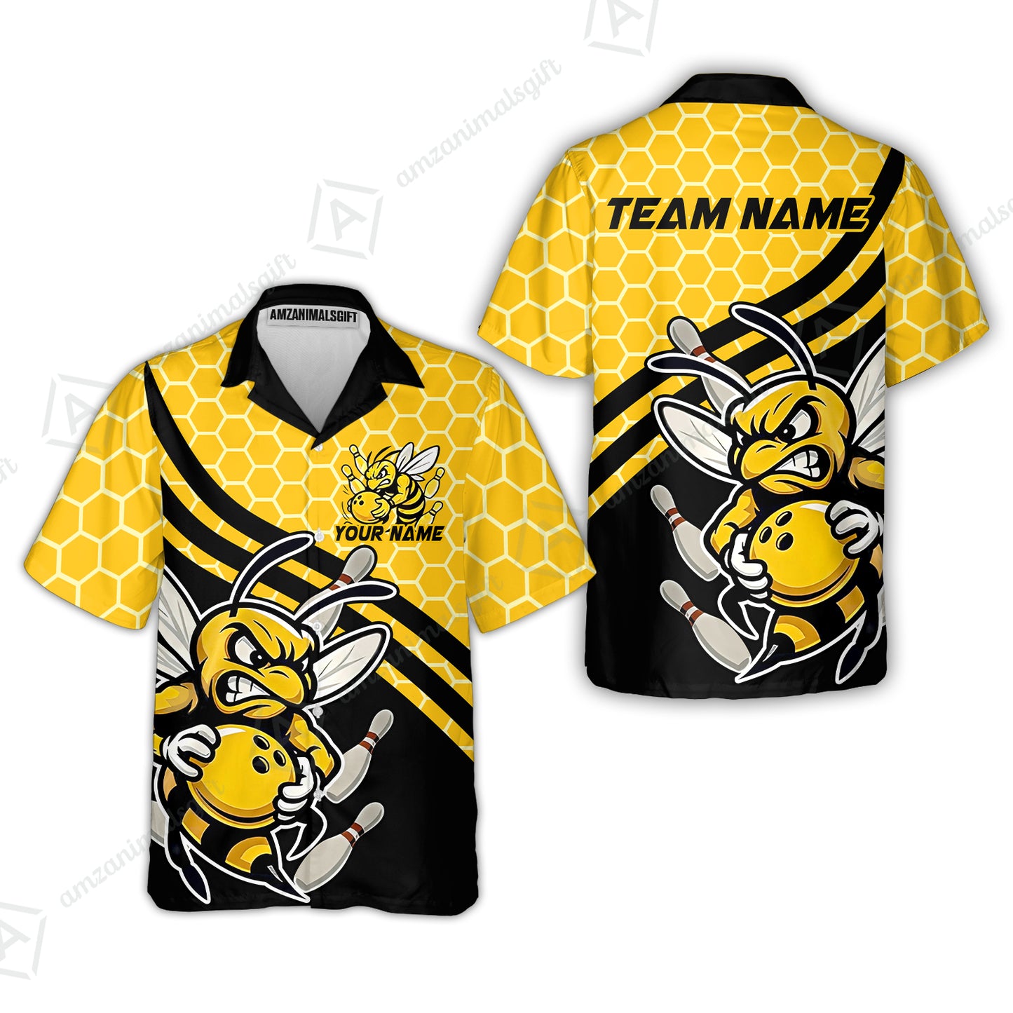 Custom Bowling Team Jersey, Bowling Yellow Bee Hive Strike Polo Quarter-Zip Shirts, Bowling Uniforms Jerseys, Personalized Name And Team Name