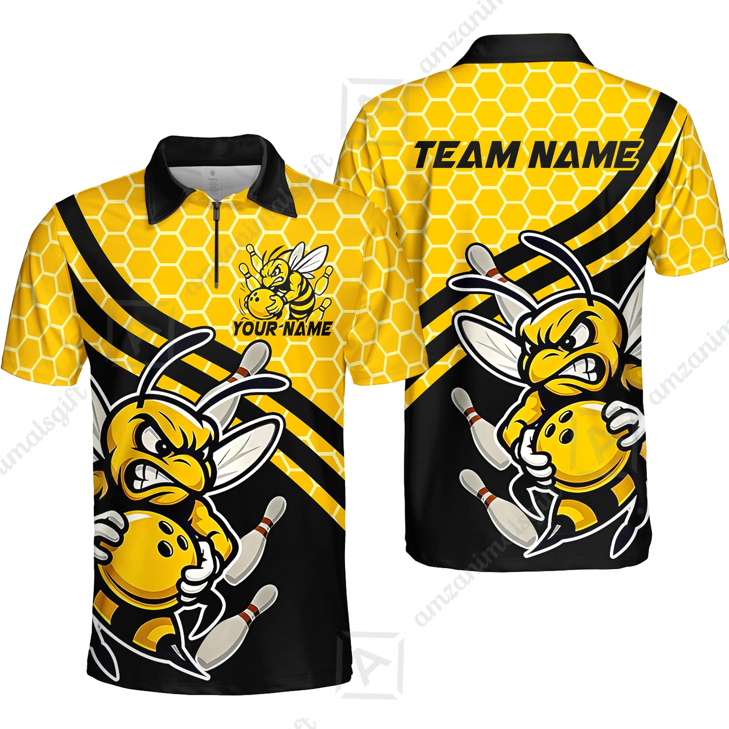 Custom Bowling Team Jersey, Bowling Yellow Bee Hive Strike Polo Quarter-Zip Shirts, Bowling Uniforms Jerseys, Personalized Name And Team Name
