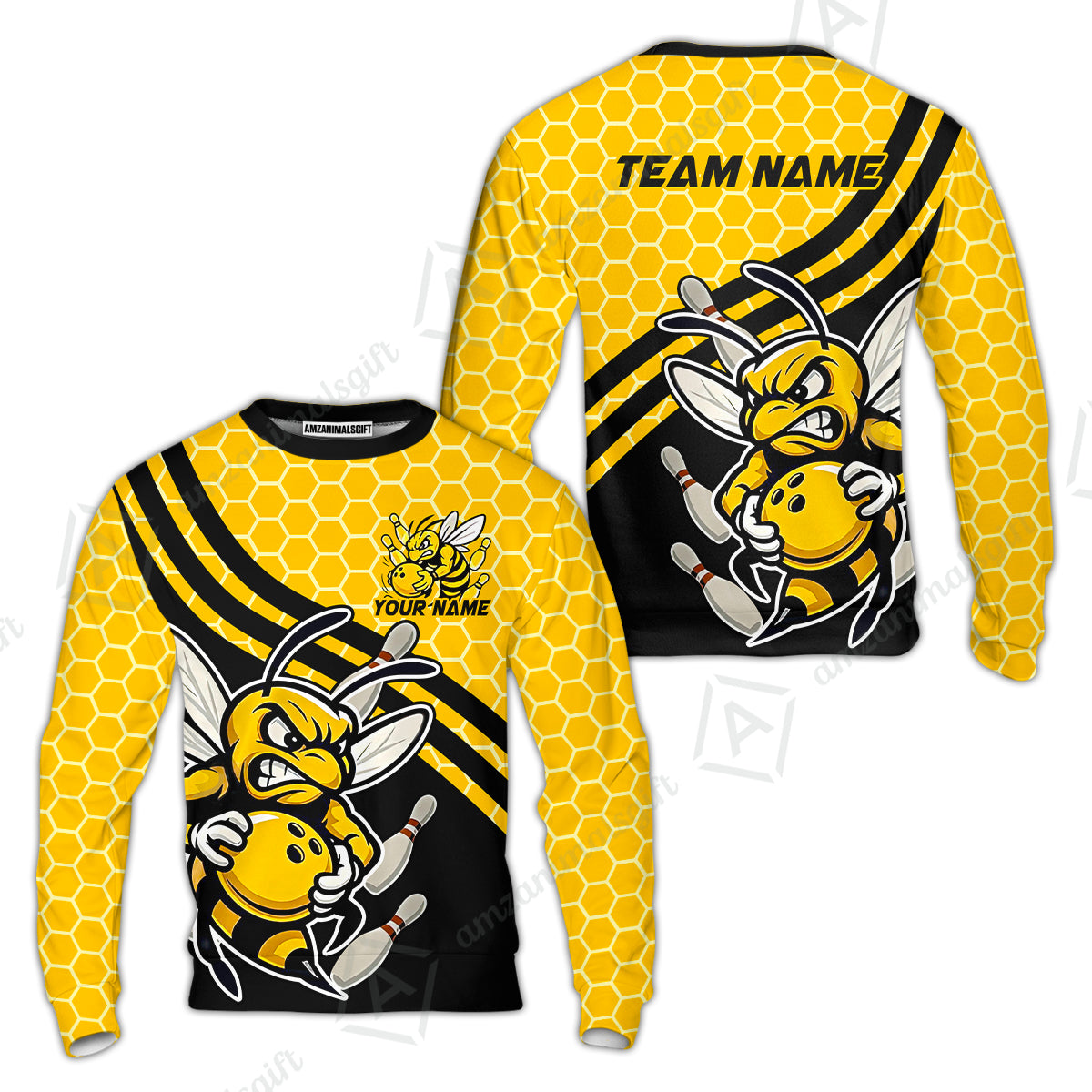 Custom Bowling Team Jersey, Bowling Yellow Bee Hive Strike Polo Quarter-Zip Shirts, Bowling Uniforms Jerseys, Personalized Name And Team Name
