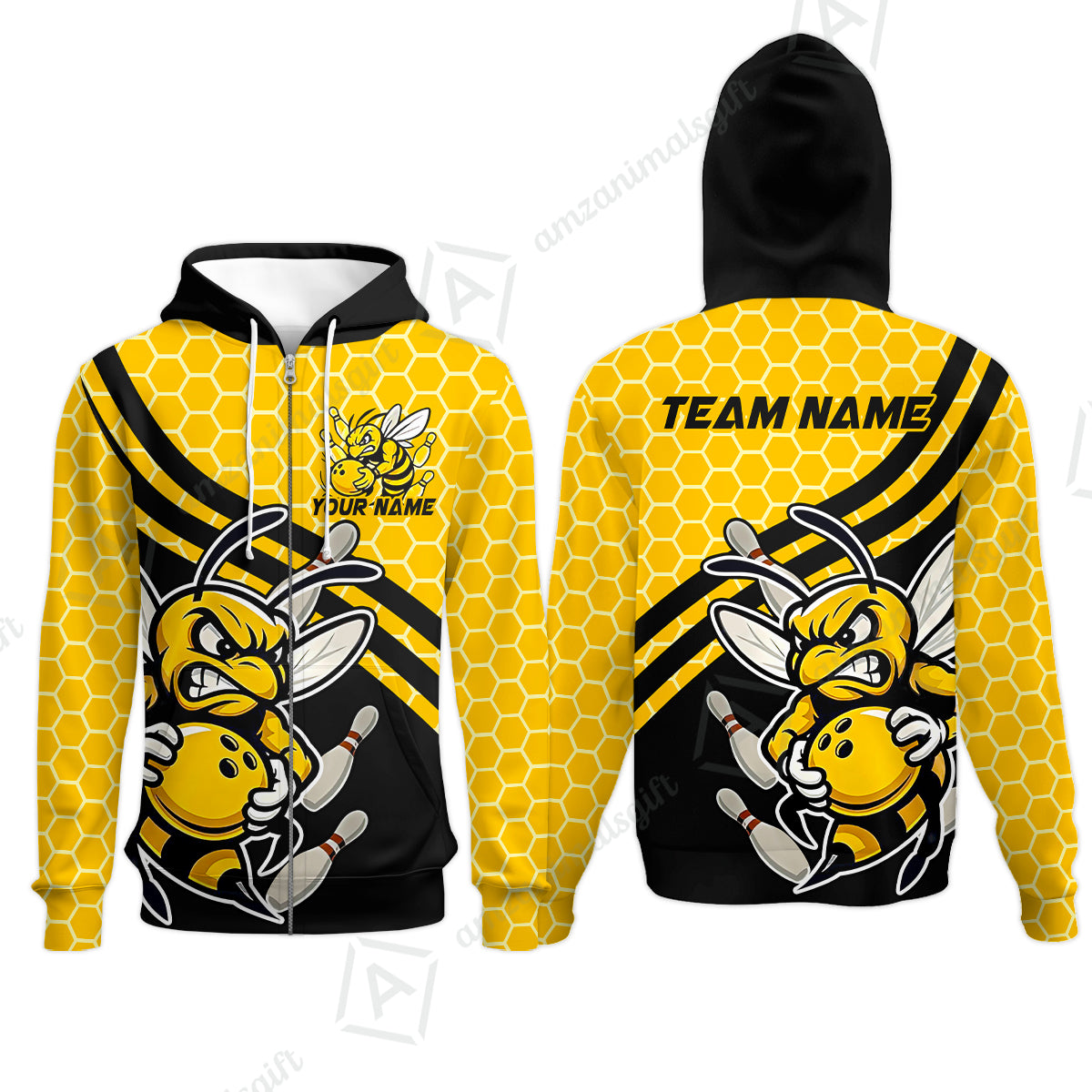 Custom Bowling Team Jersey, Bowling Yellow Bee Hive Strike Polo Quarter-Zip Shirts, Bowling Uniforms Jerseys, Personalized Name And Team Name