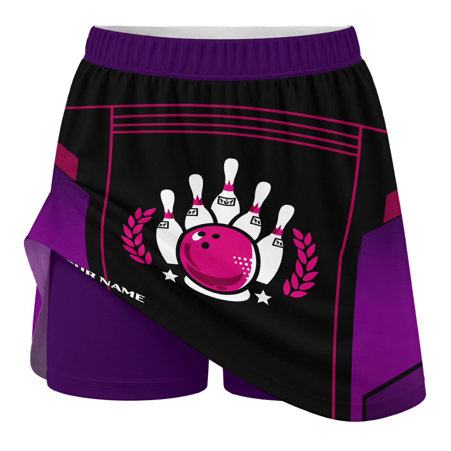 Customized Bowling Trouser Skirts With Shorts Underneath, Bowling Esports Purple Pattern Skorts With Pockets For Bowler